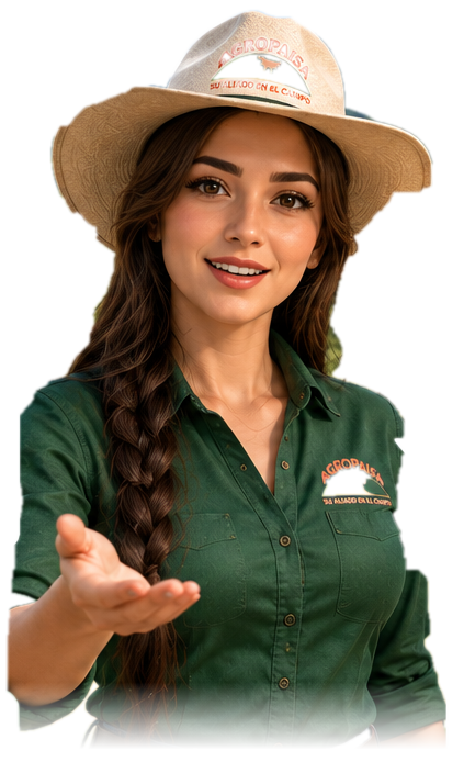 ALMA, asesora virtual con sombrero y uniforme verde de Agropaisa
